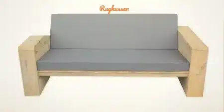 Rugkussen op maat, strak model in grijze outdoorstof op een steigerhouten loungebank