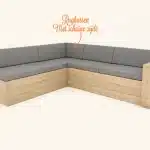 Rugkussens met schuine zijde (verstek) op maat in grijze outdoorstof op een steigerhouten hoekbank