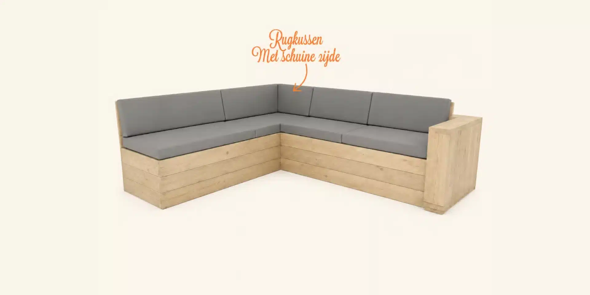 Rugkussens met schuine zijde (verstek) op maat in grijze outdoorstof op een steigerhouten hoekbank