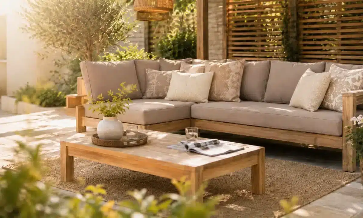 voordelige-tuinkussens-op-maat-loungeset Taupe tuinkussens op maat op een houten loungeset met salontafel in een sfeervolle tuin