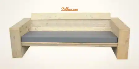Zitkussen op maat, strak model in grijze outdoorstof op een steigerhouten loungebank